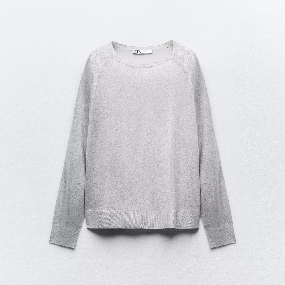 Zara Metallic Light Gray Crew Neck Sweater